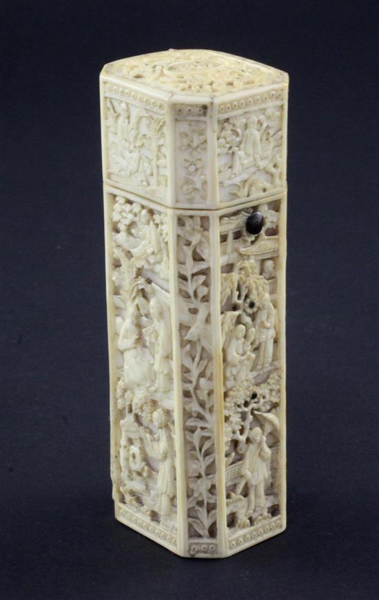 A Chinese export ivory etui case, c.1800, 12cm., slight losses